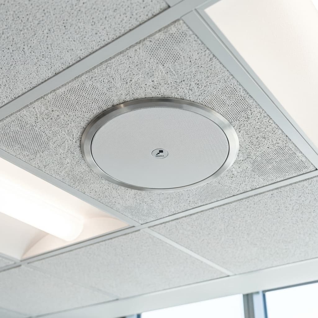 صورة سماعات سقفية احترافية داخل مبنى تجاري تعرض نظام الصوتيات والنداء العام