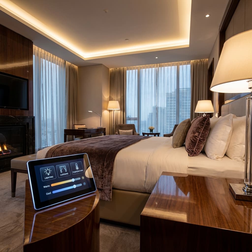 صورة غرفة فندقية فاخرة مع لوحة تحكم ذكية تعرض نظام التحكم بالإنارة والتكييف والخدمات