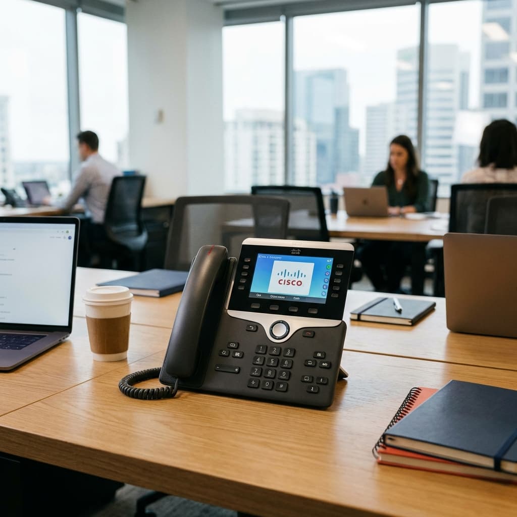 صورة هاتف مكتبي متقدم متصل بنظام اتصالات PBX VoIP يعرض أنظمة الاتصالات الموحدة