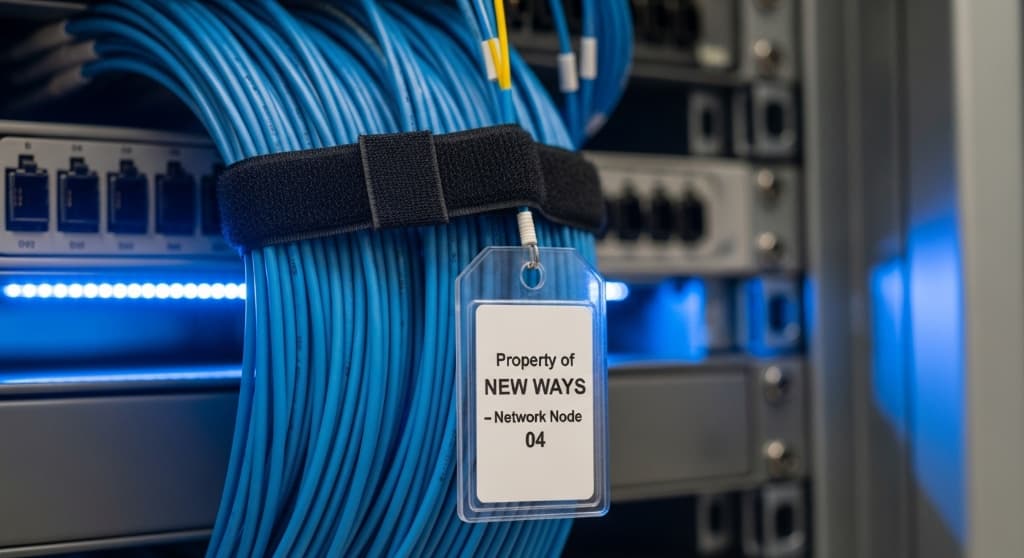 صورة غرفة سيرفرات متقدمة وكابلات منظمة تعرض شبكات الحاسوب ومراكز البيانات الاحترافية